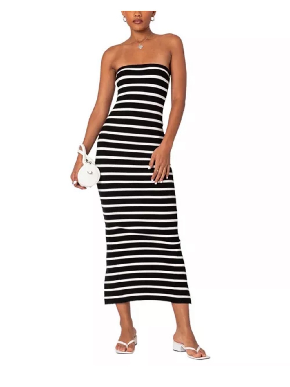 Edikted Black and White Strapless Stripe Midi Dress